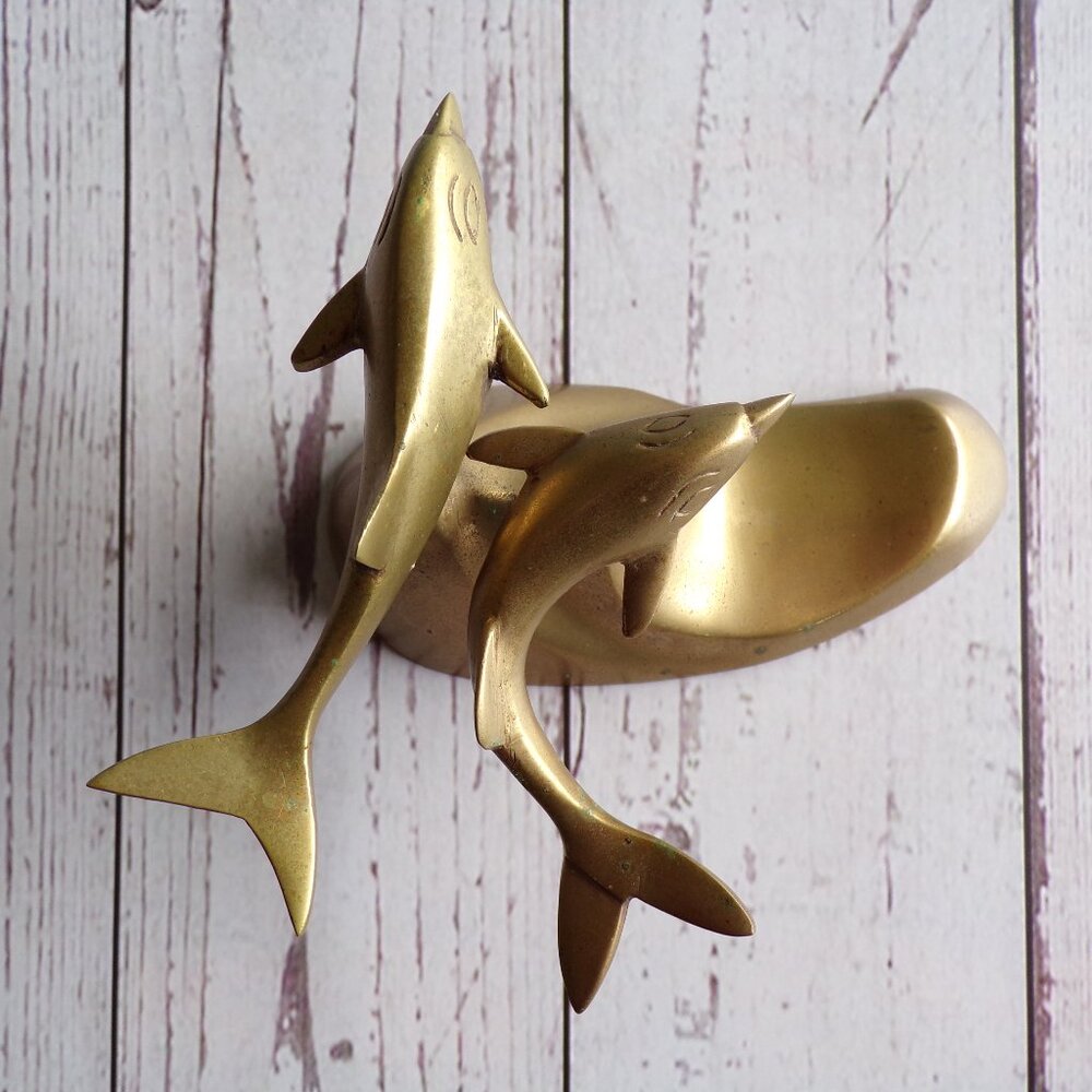 Vintage 1960s MCM Pair of Swimming Dolphins Brass Sculpture